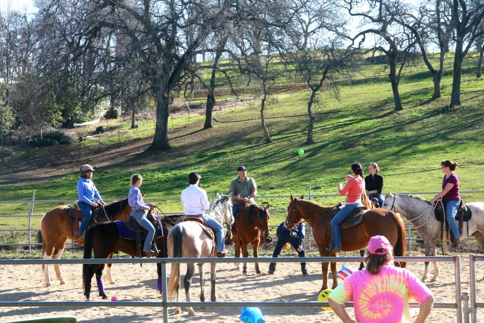 Group of people on horses in an arena during an equine-assisted leadership workshop at Warrior's Soul riding and learning program.